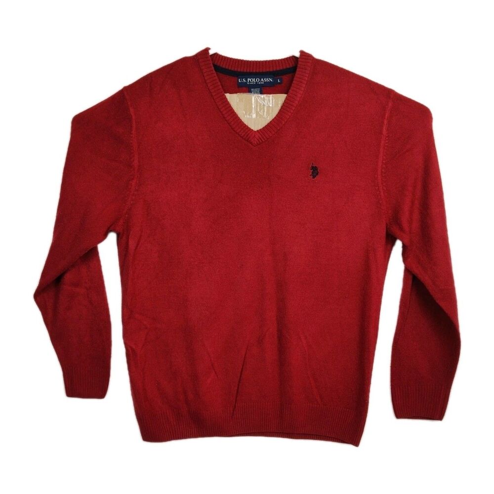 US Polo Assn. V-Neck Sweater Men's L Red‎ Pullover Long Sleeves Embroidered Logo